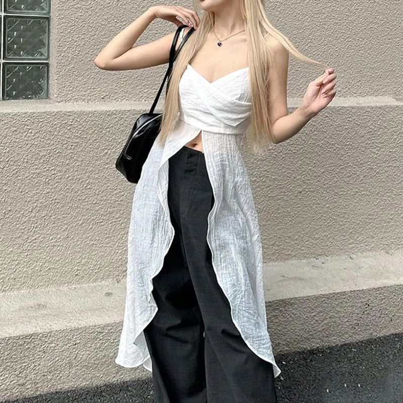 SUCHCUTE Korean Fashion Solid Split Crop Tops Women Grunge