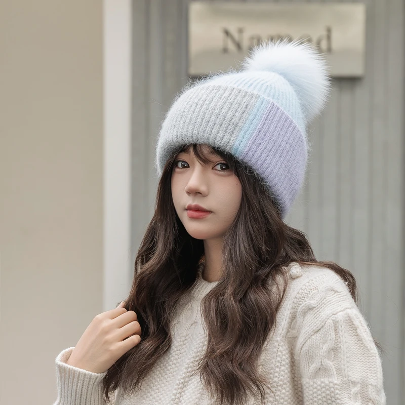 2025 New Rabbit Fur Beanies Soft Warm Fluffy fur pompom Winter Hat for Women Angora Knitted Hat Skullies Female Bonnet Knit Cap 4