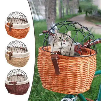 Cestino in vimini per bici, cestino anteriore per cani di piccola taglia e gatti, trasportino per animali domestici con copertura in rete metallica