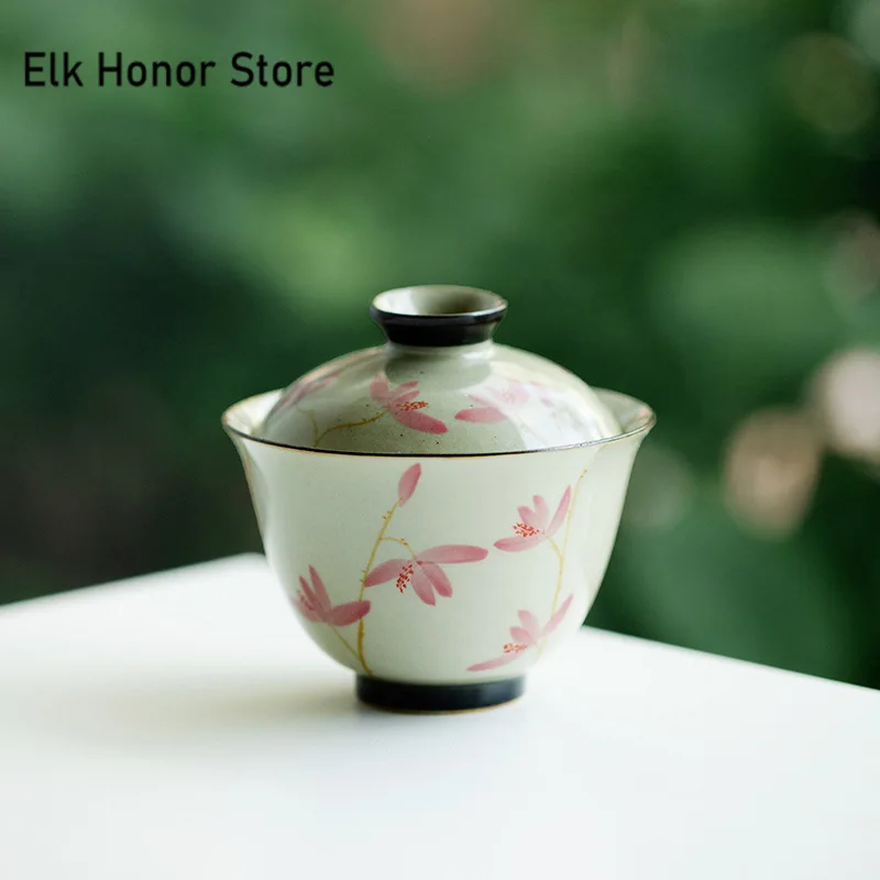 108ml Pure Hand-painted Peach Blossom Gaiwan Luxury Tea Brewing Cup Hand Grasping Bowl Tea Tureen Maker Cover Bowl Teaware