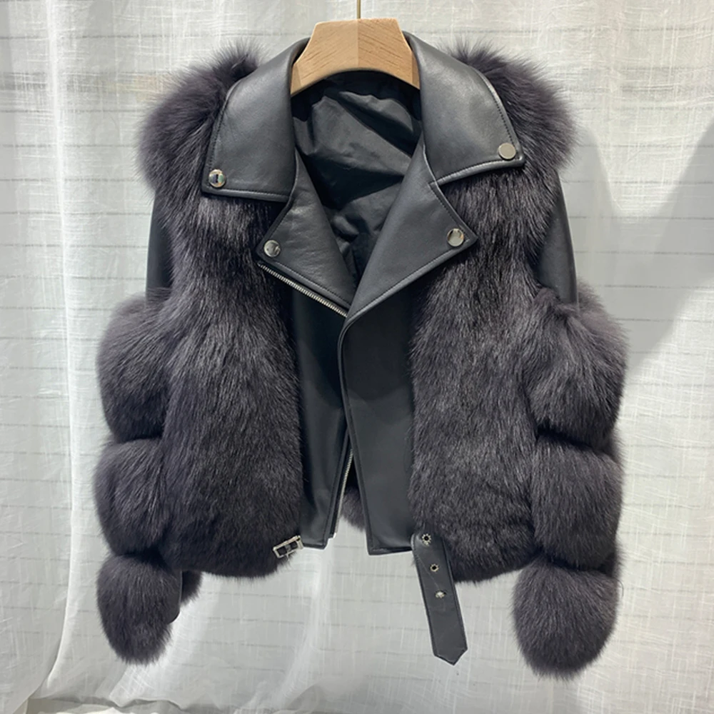 2023 New Women Leather Jackets Short Real Fox Fur Coats Luxury Genuine Sheepskin Lady Overcoat Winter Warm Fashion Outwear 7844