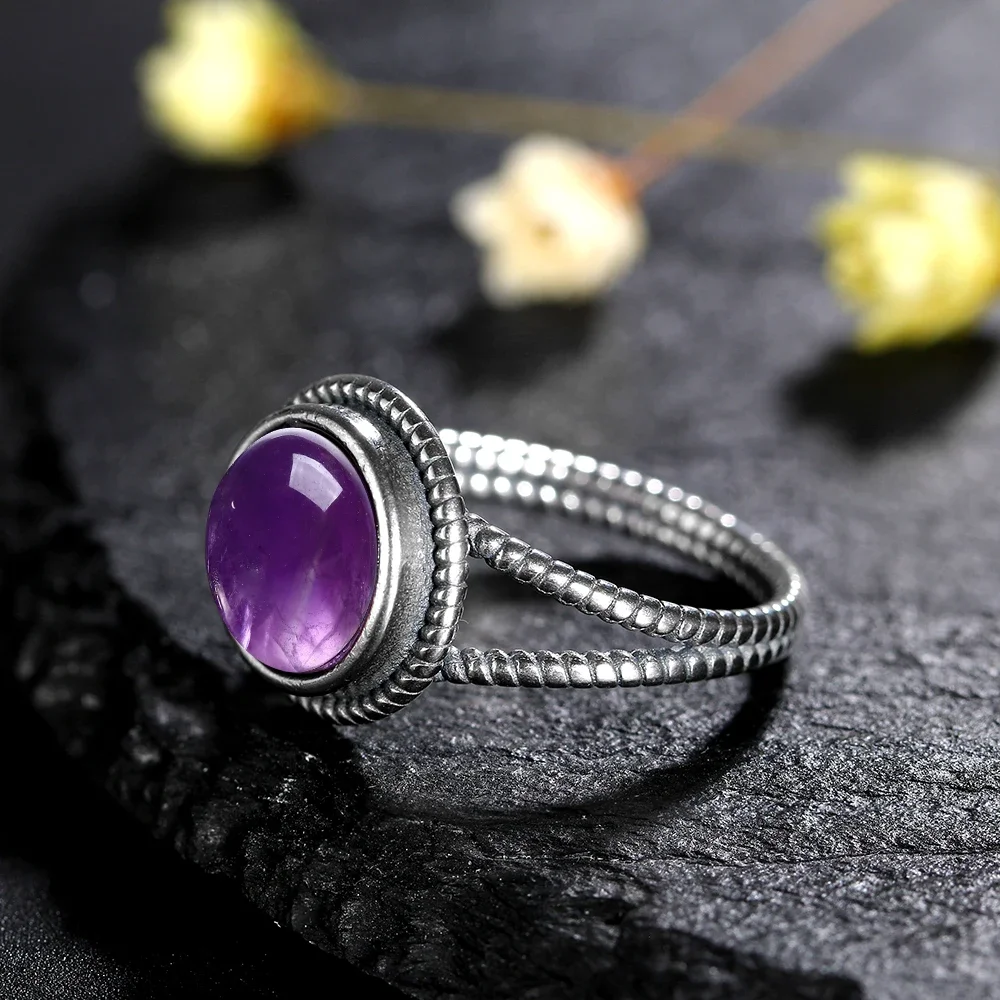 Vintage Natural Amethyst Rings For Women 925 Sterling Silver Jewelry With Natural Stones