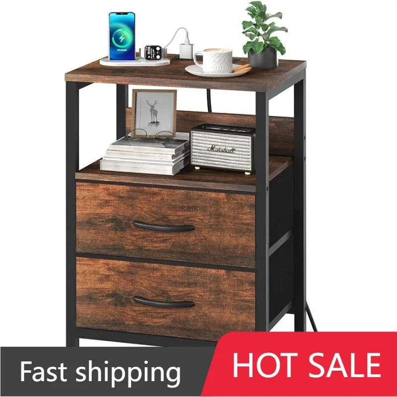 

Yoobure Nightstand with Charging Station, Small Night Stand with Fabric Drawers and Storage Shelf for Bedrooms, Nightstands