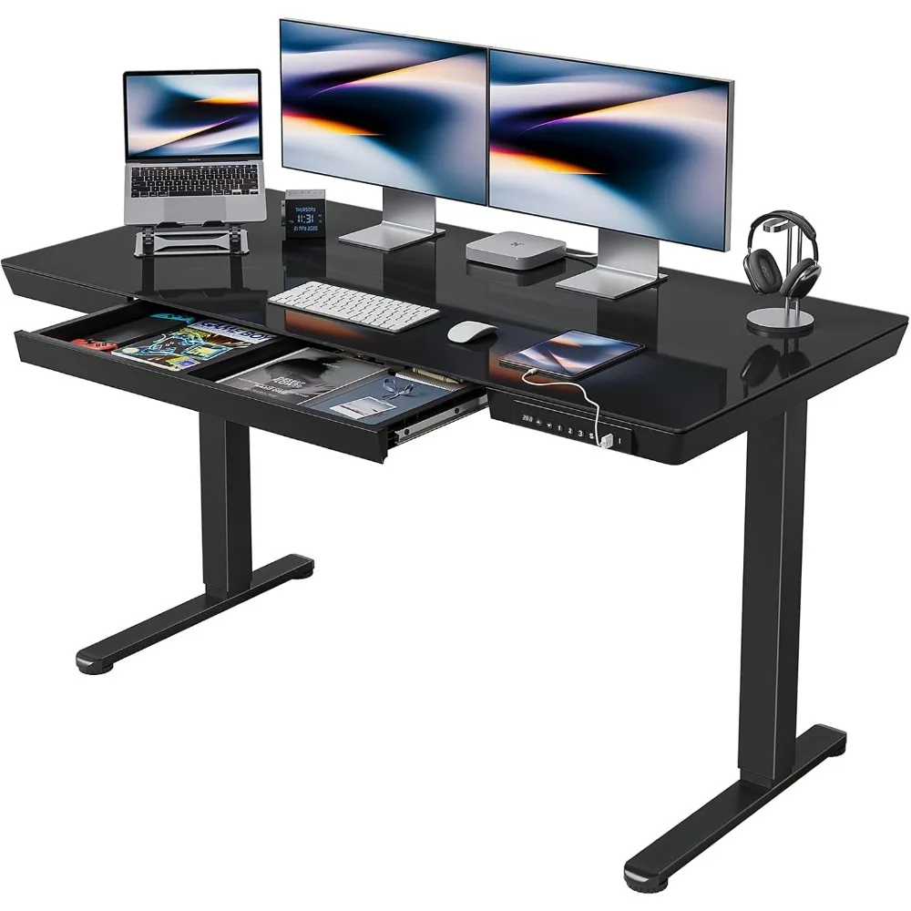 55 × 24 Electric Standing Desk with Drawers, Whole-Piece Glass Adjustable Height Desk, Office Desks 2