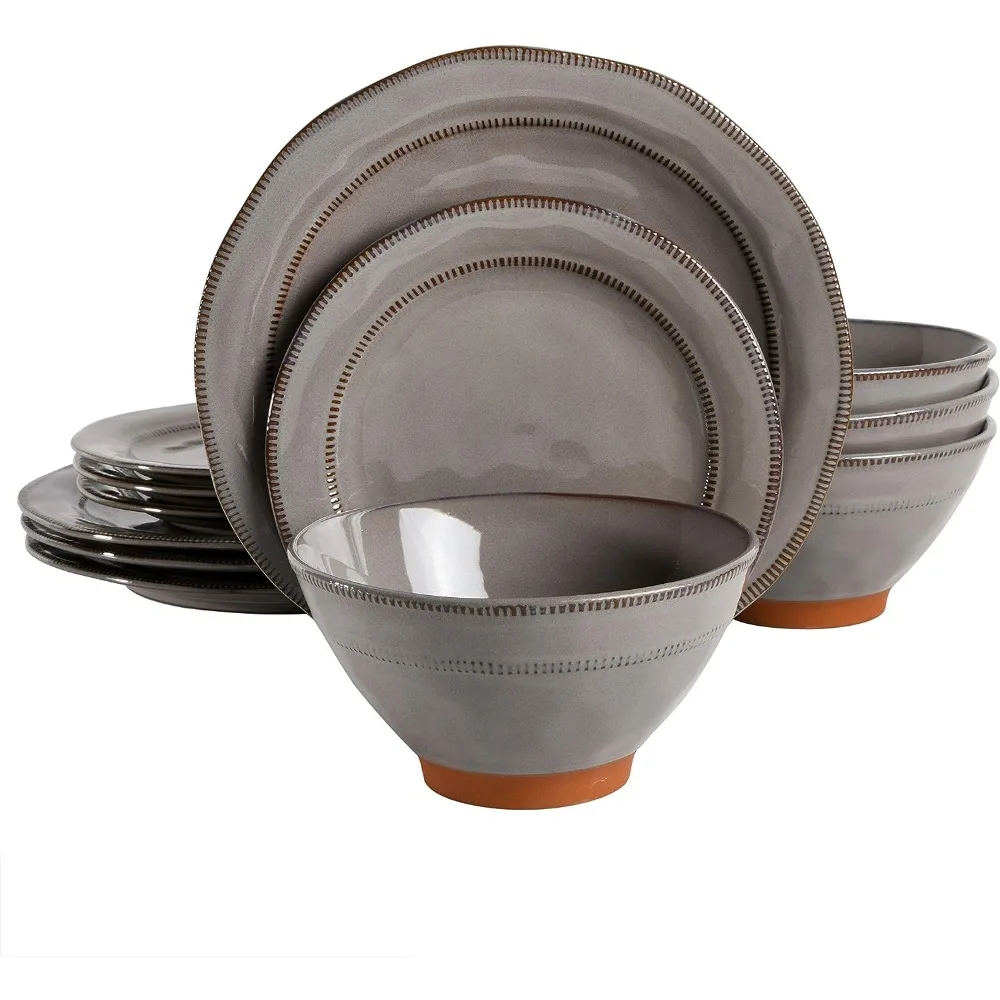 

Terranea круглая реактивная глазурь Терракотовая посуда набор, сервис для четырех (12 шт.), серый