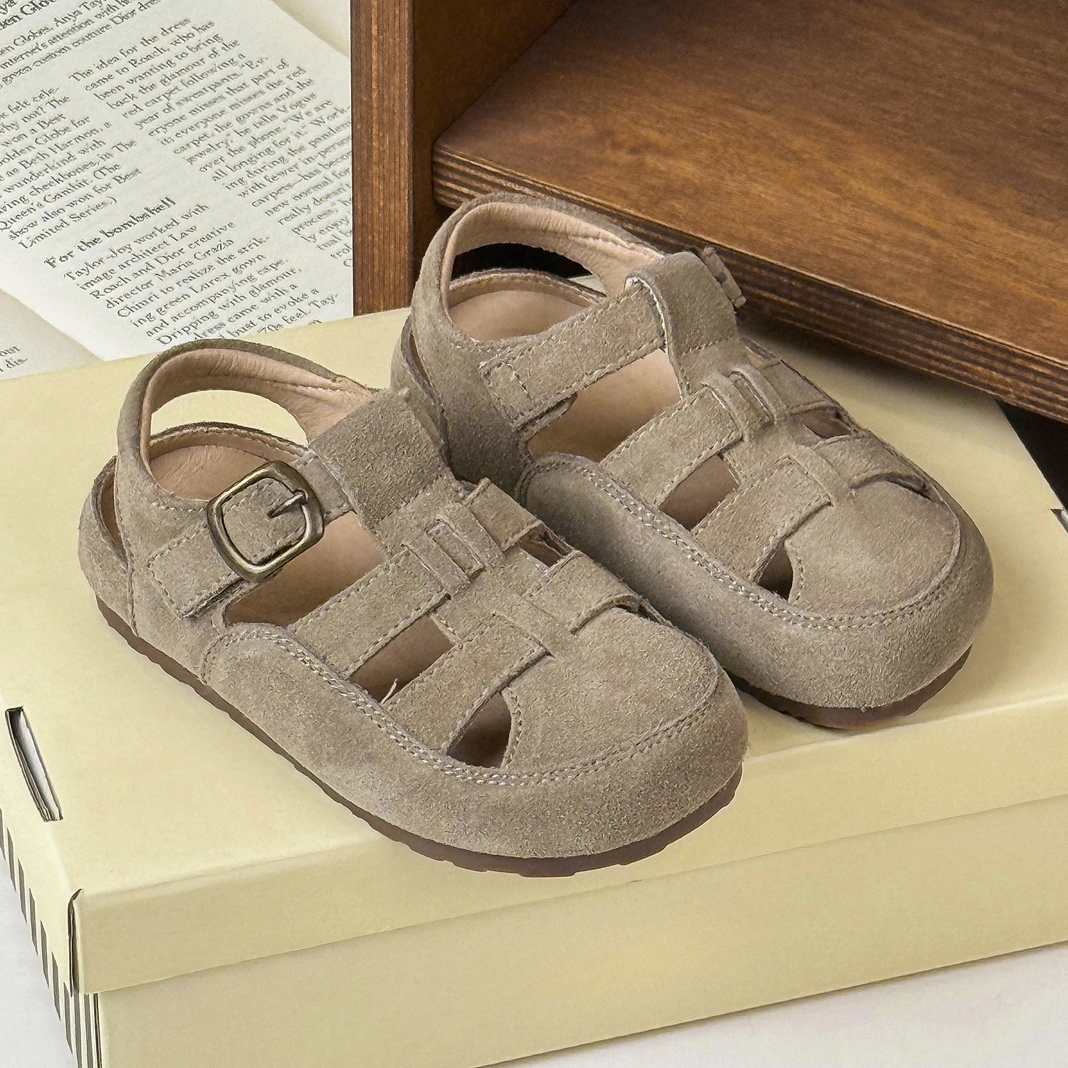 Summer Children Boys Girls Fashion Retro Matte Genuine Leather Hollow Closed Toe Sandals Kids Toddler Soft Sole Sports Sandals