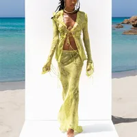 Hirigin-Ensemble 2 pièces chic pour femmes, jupe longue, sexy, motif floral, haut court, taille basse, batterie avec volants, maxi, vêtements de plage, été 3
