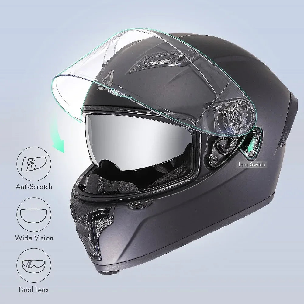 Full Face Motorcross Helmet with Dual Lens Wide Vision Motorcycle Helmets for Men and Women DOT Approved FF351 TRIANGLE
