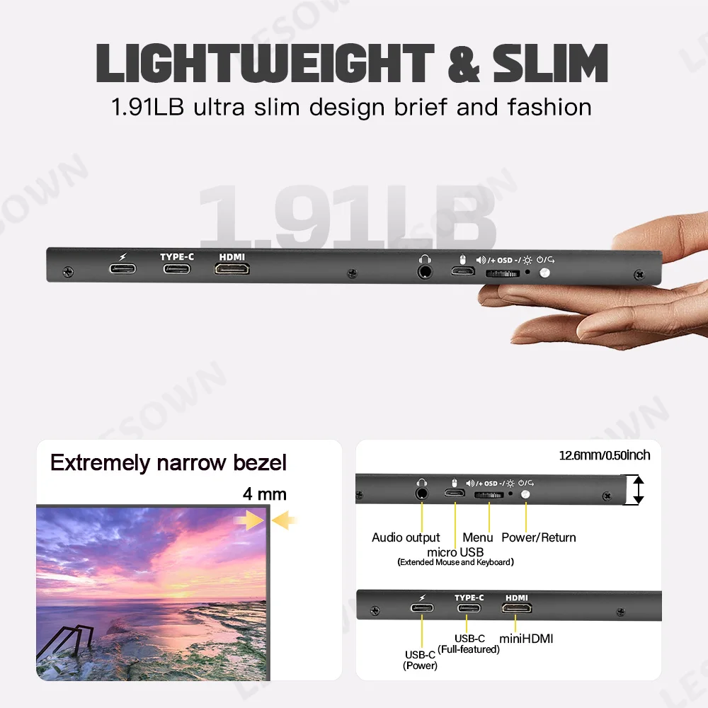 LESOWN 휴대용 추가 모니터 14 인치 2560x1600 2.5K 측면 화면 Xbox 시리즈 X 144Hz 모니터 노트북 용 초박형 IPS 패널