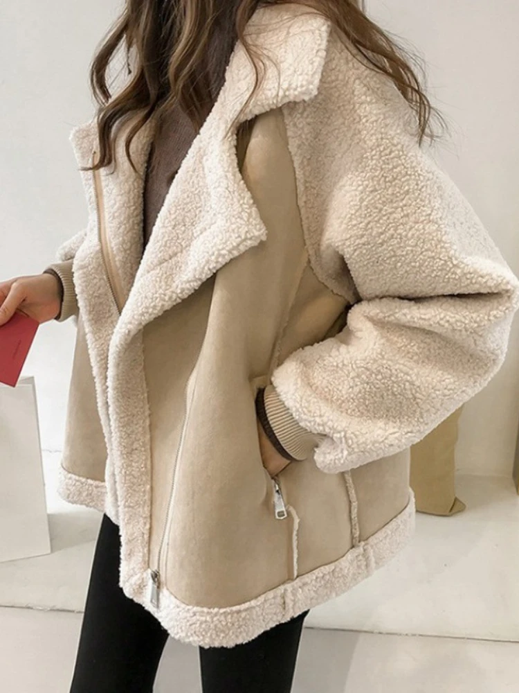 

2023 Winter New in Women Warm Jacket Fashion Lapel Zipper Long Sleeve Faux Fur Suede Cashmere Outerwear Korean Casual Lady Coats