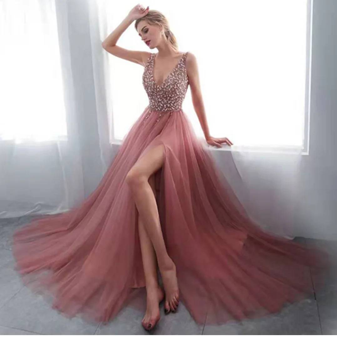 wedding party dress female evening elegant sexy deep v neck one shoulder sleeveless sequined long maxi dresses for women 2023 Sale Pink Embroidered Sequins Sexy Sleeveless Deep V Maxi High Slit Evening Wedding Cami Dresses For Women Party Guest Dress
