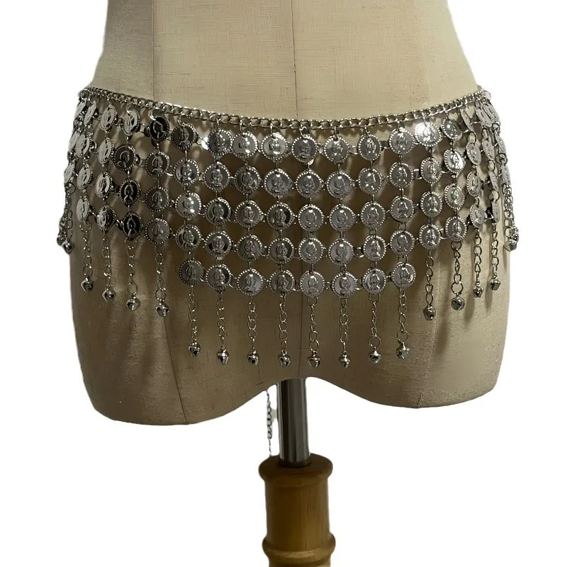Gold Coin Alloy Waist Chain Belt with Bells - Five-Layer Belly Dance Performance Accessory