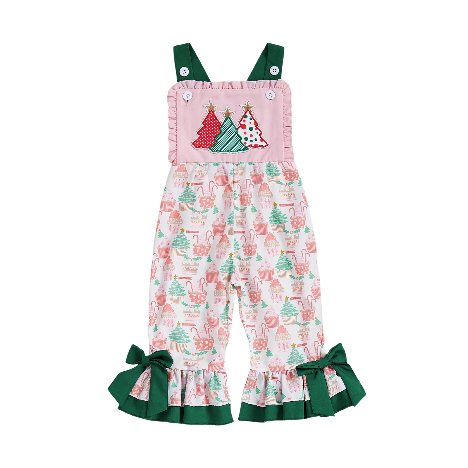 Baby Girls Christmas Overalls Tree Embroidery Print Sleeveless Jumpsuit Suspender Pants for Kids Toddler