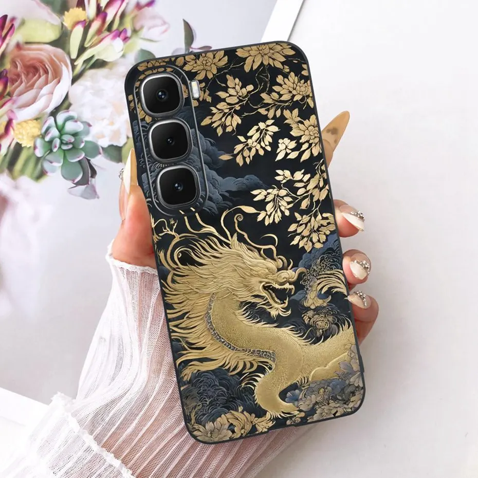 Enhanced Black Silicone Soft Phone Case with Cool Dragon, Wolf, and Tiger Design