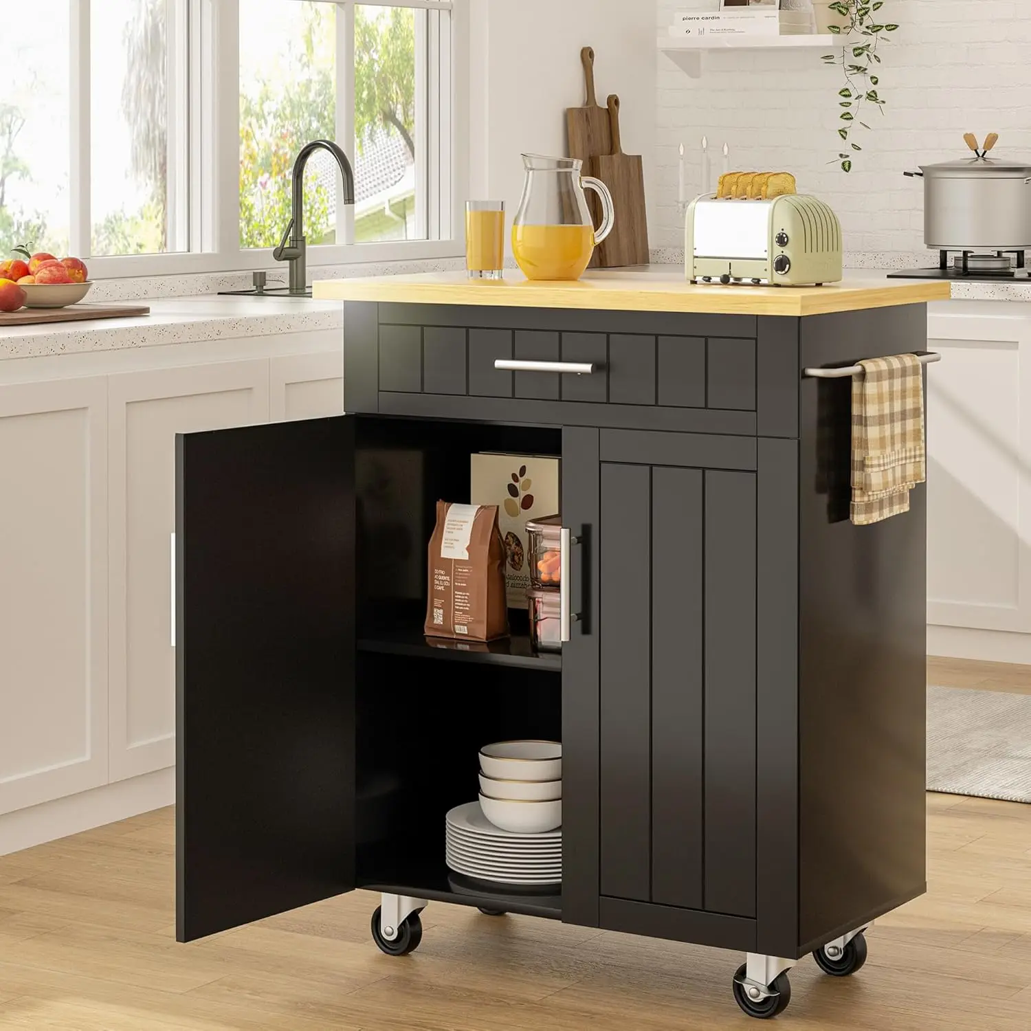 Kitchen Island on Wheels with Storage Cabinet & Drawer, 26" Width Rolling Kitchen Table, Cart Handle for Towel Rack