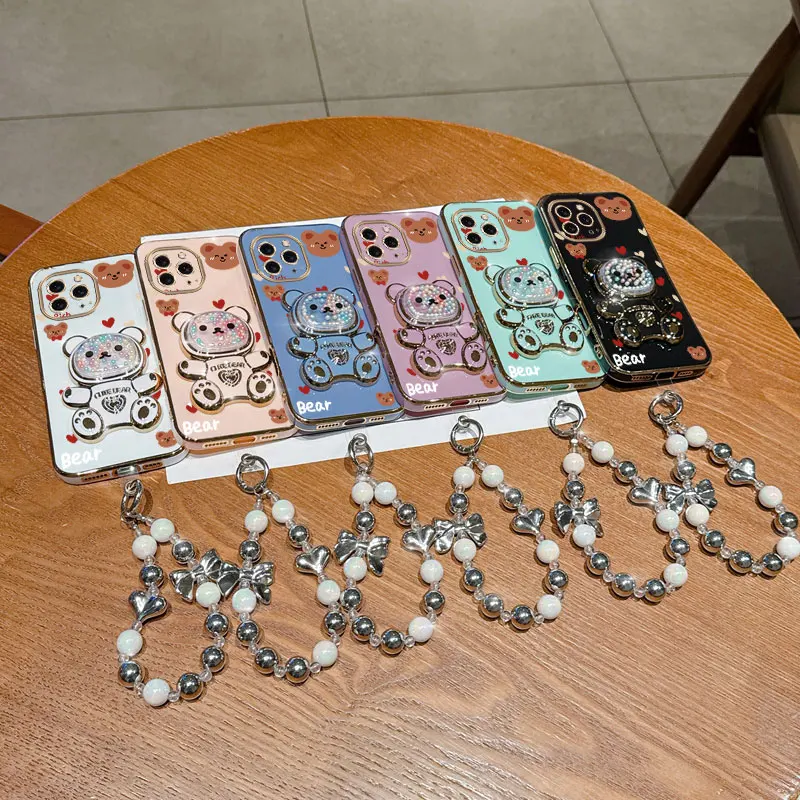 Pearl Strap Lanyard Love Bear Phone Holder Case - Anti-Knock Cover