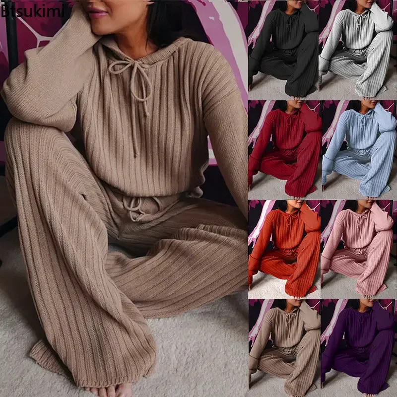 New Women's Knitted Two Piece Sweatershirt Set Hooded Tops +Wide Leg Pants Casual 2 Piece Set Tracksuit Lounge Wear Female Solid