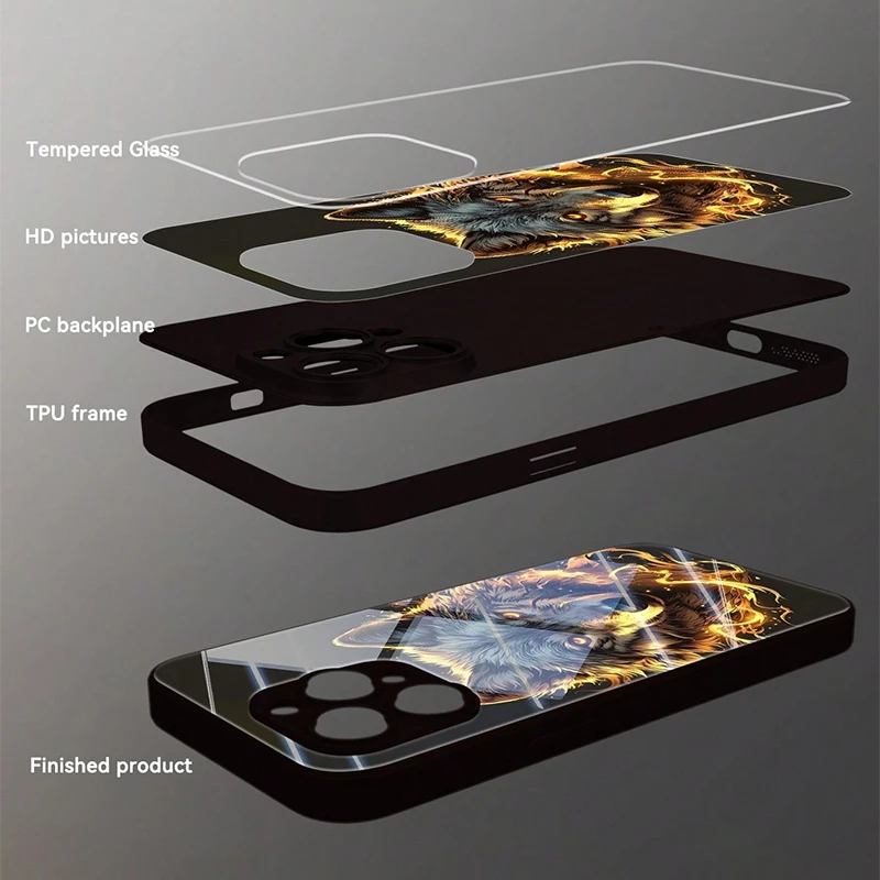 Cool Red Fierce Wolf King Graphic Tempered Glass Black Phone Case