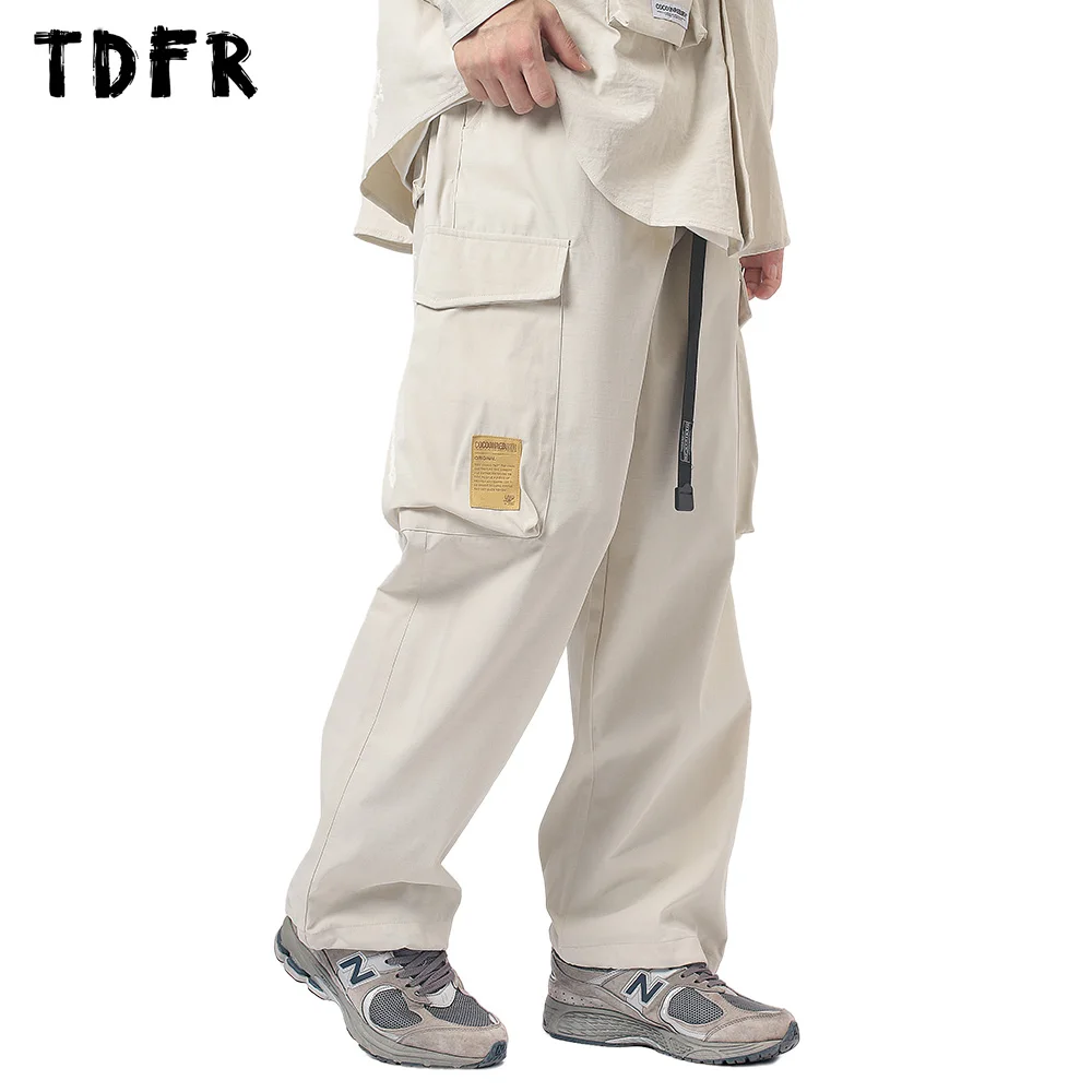 

Pocket Cargo Pants Mens Solid Color Amekaji Safari Style Elastic Waist Loose Wide Leg Trousers Men