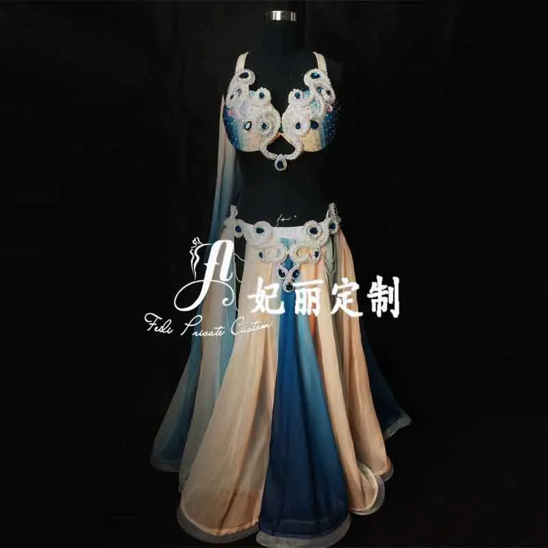 Customized Belly Dance Costumes Eastern Dance Performance Costume Gradually Changes Color Big Skirt Hem Belly Dancing Bra Belt