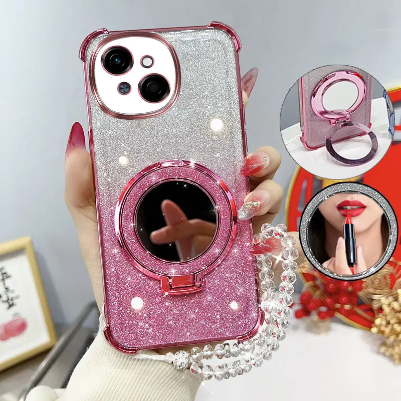 Glitter Shockproof Phone Case with Mirror Stand and Beaded Strap