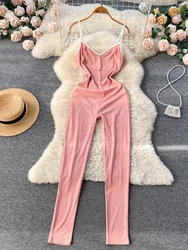 Foamlina Fashion Women's Jumpsuit Sexy Spaghetti Strap V-neck Sleeveless Backless Slim Bodycon Long Rompers Casual Streetwear