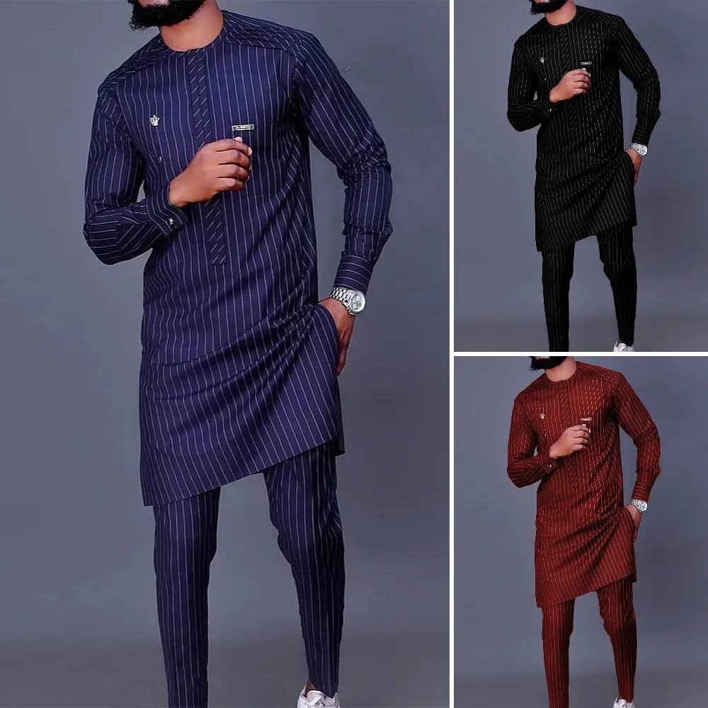 Men's luxury fashion leisure navy blue geometric print two-piece set 4