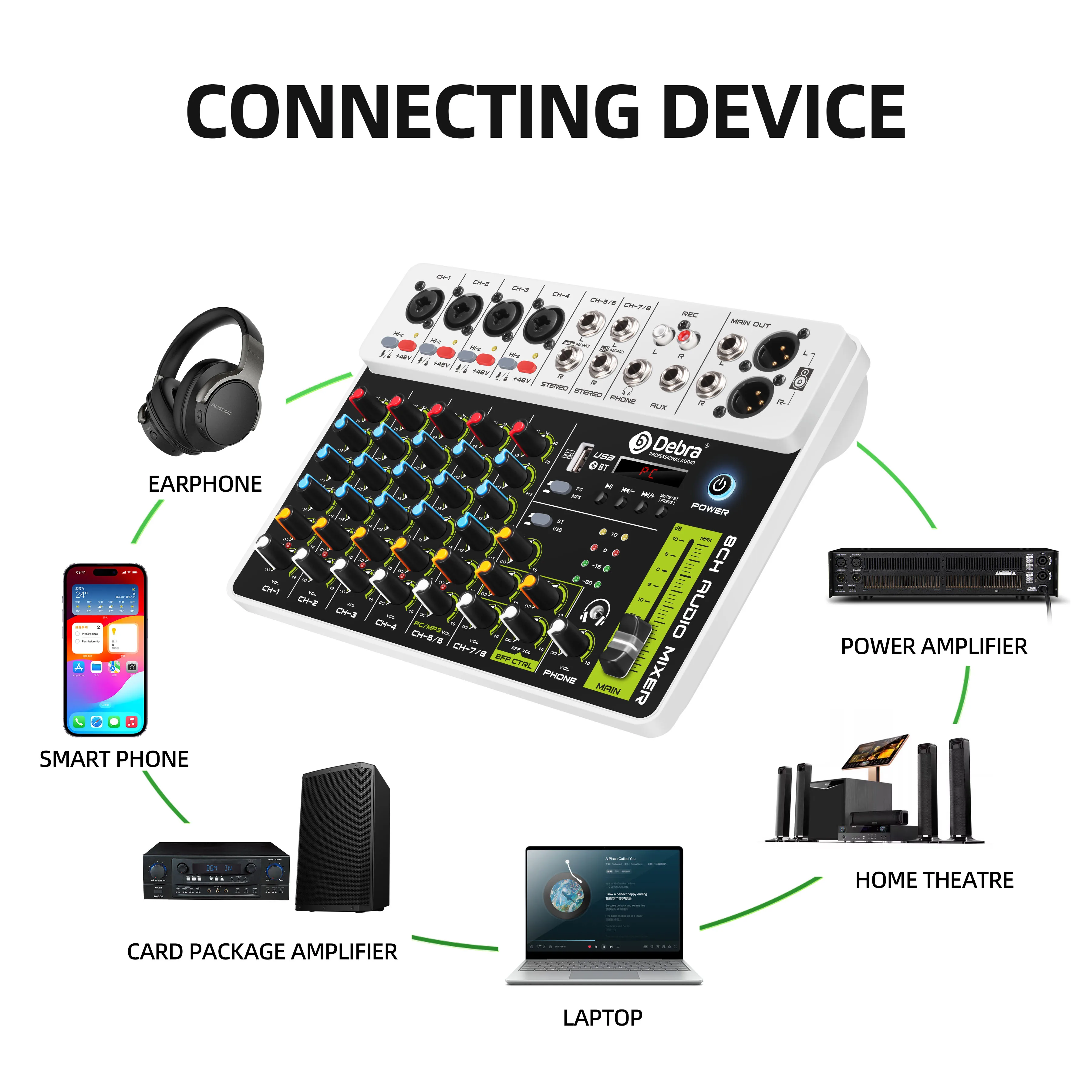 블루투스 5.0 및 USB 팬텀 파워를 갖춘 Debra V4/V8 오디오 믹서, 딜레이 리플레이 효과가 있는 PC 녹음용 DJ 믹서