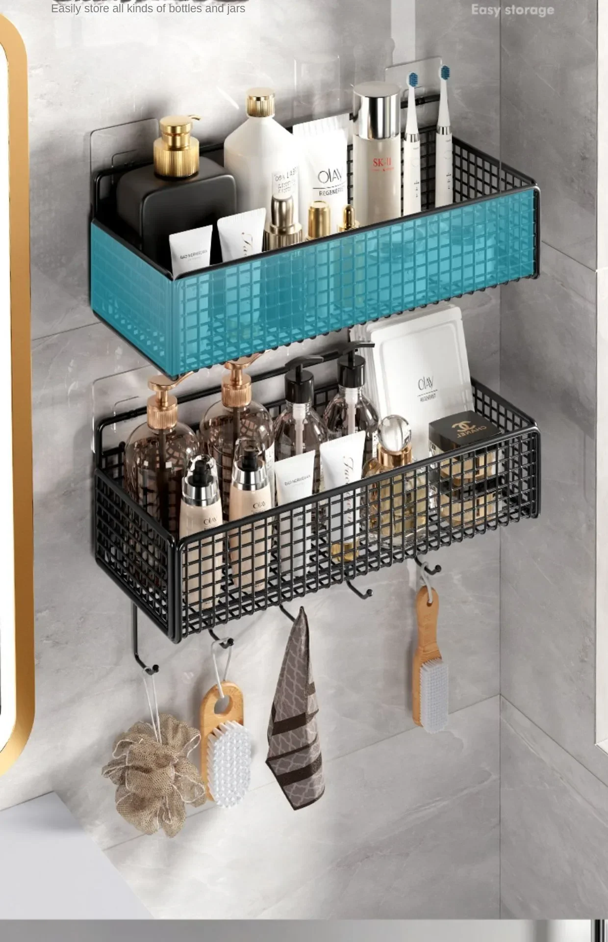 S24598540921a455782ca6a0c4f36bb69c Bilayer Bathroom Grid Shelf Suspension Type Bathroom Organizer Shampoo Shower Gel Kitchen Makeup Storage Bathroom Accessories
