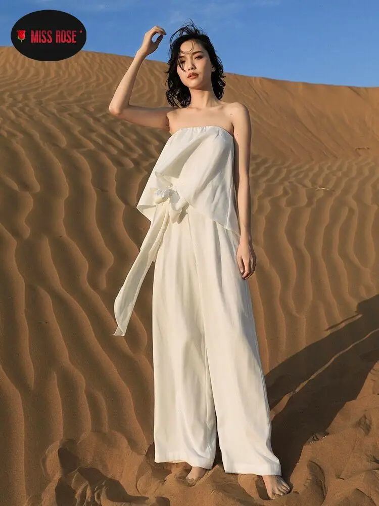 Belt Women Strapless White Rompers Travel Honeymoon Jumpsuit Designer Luxurious Pleated Ruffles Wide Leg Fashion Chic Jumpsuit