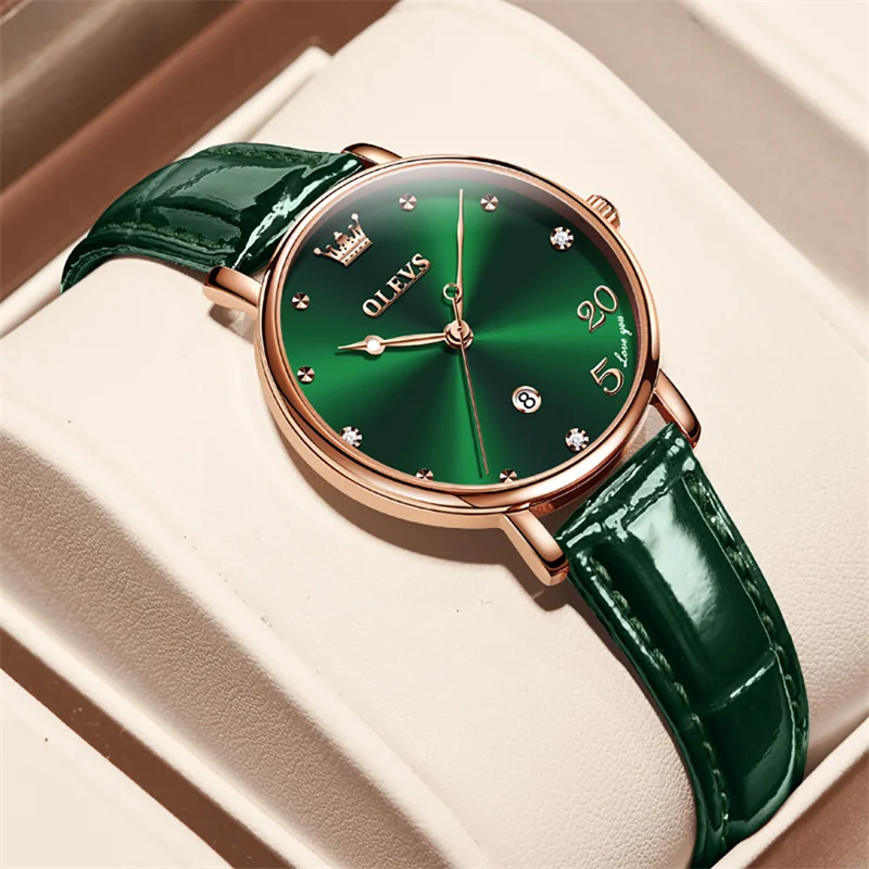 Watch For Women OLEVS Elegant Leather Calendar Waterproof Clock Fashion Forest Green Ladies Watch Gift Reloj Para Mujer