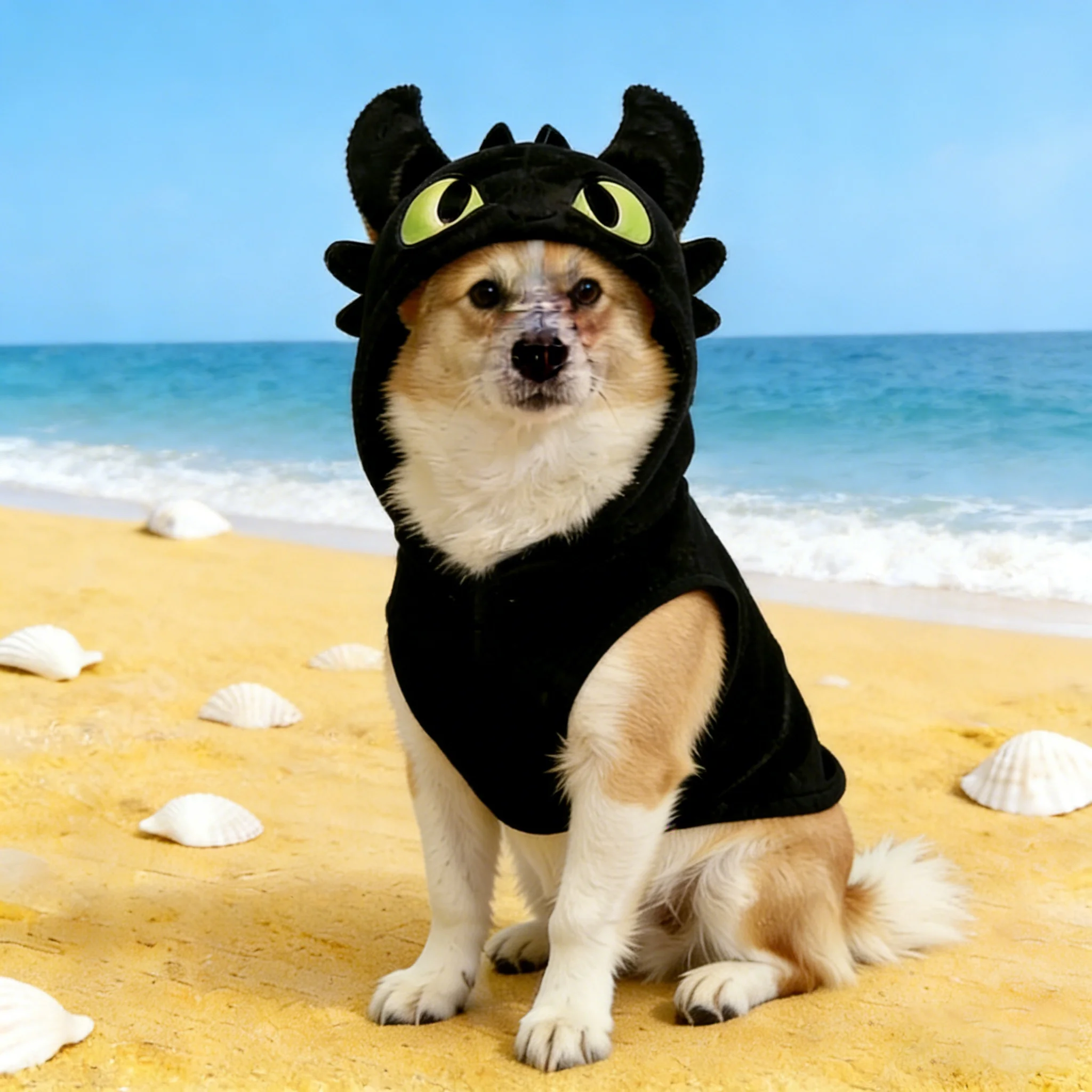 A small tan and white dog sitting on a sandy beach with seashells, wearing a black "Night Fury" style Pet Hoodie with green eyes.