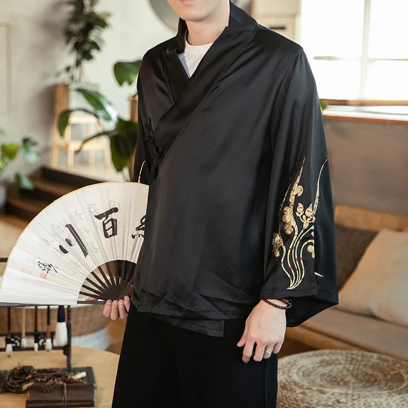 Haute Hanfu 남성용 중국 스타일 빈티지 탑, 시니시즘 탱 슈트, 다도 캐주얼 가디건 케이프 코트, 가을
