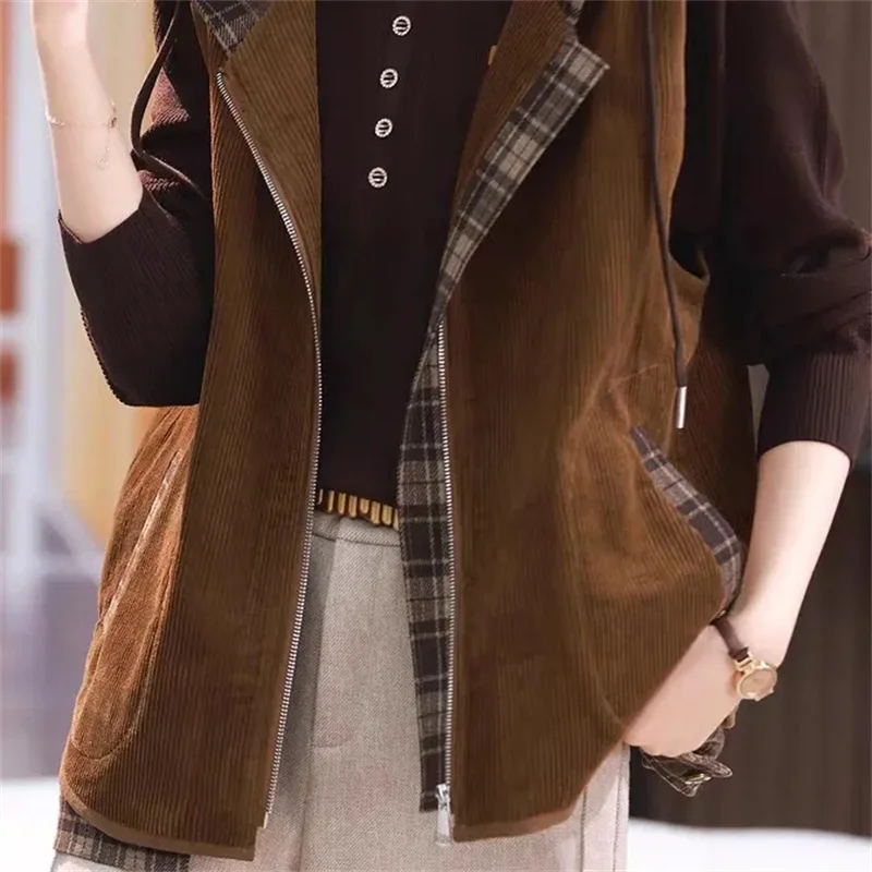 

Spring Autumn Corduroy Vest Women's New 2024 Vests Jacket Fashion Loose Hooded Waistcoat Tops Sleeveless Outwear Jackets Female