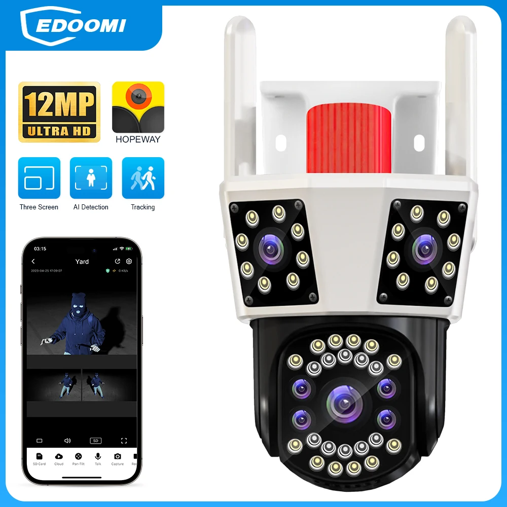 

EDOOMI WIFI IP HD 6K 12MP Three Screens Outdoor Waterproof Camera PTZ 8X Zoom Three Lens CCTV Video Camera Security Protection