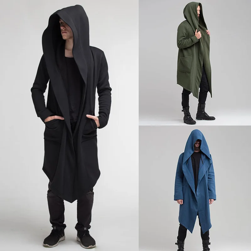 

Autumn and Winter New Long Hooded Cardigan Ruffle Shawl Collar Open Front Lightweight Drape Medieval Cape Overcoat with Pockets