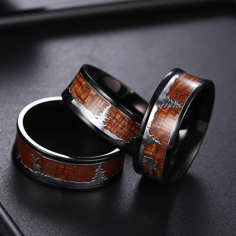 NUOBING Black Stainless Steel Hunting Ring Wedding Band Wood Inlay Deer Stag Silhouette Ring For Men Women Charm Jewelry Gift