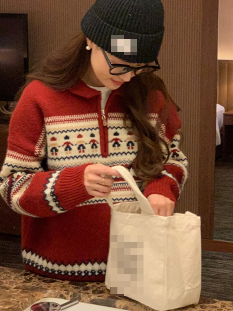 Retro High-End Red Sweater Women's Autumn Winter Loose Long Sve Turn-down Collar Knitted Top Festival Casual Wear