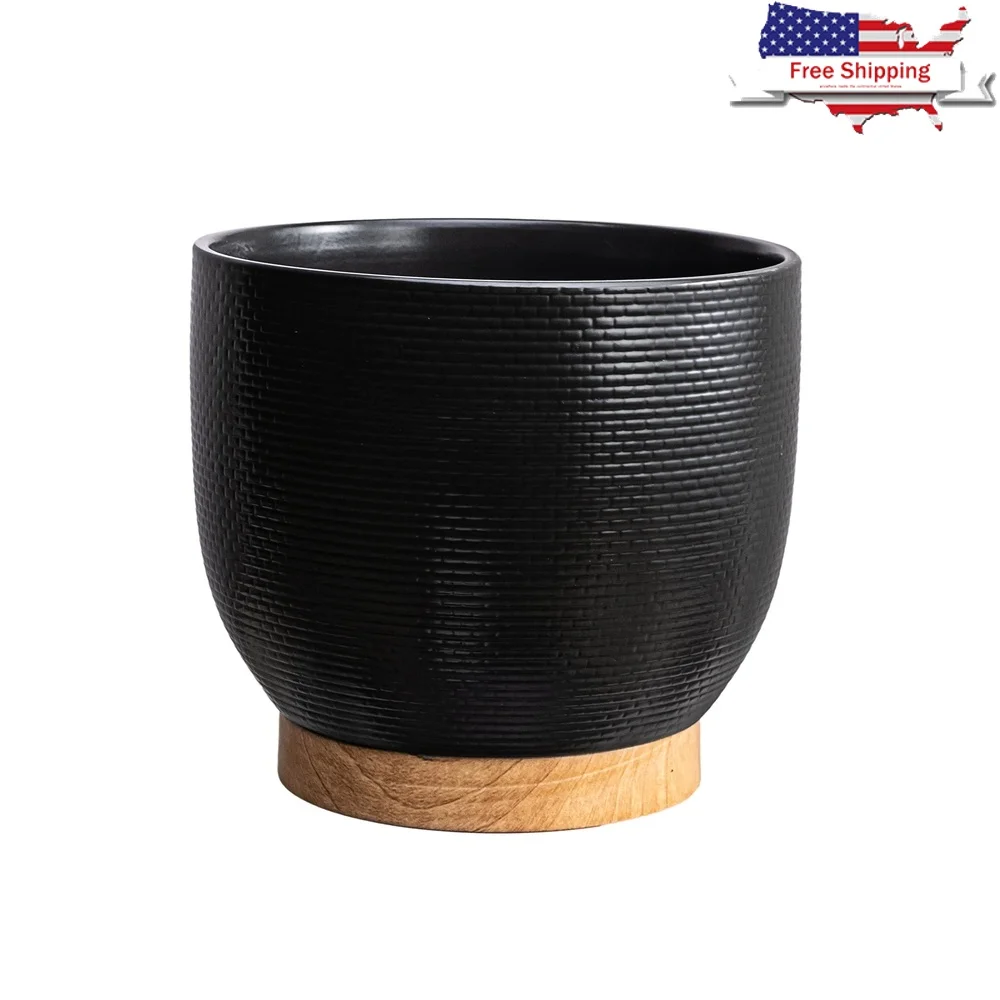 10 Inch Black Ceramic Planter Unmovable Wood Texture Base Elegant Indoor Outdoor Garden Pot with Drainage Home Office