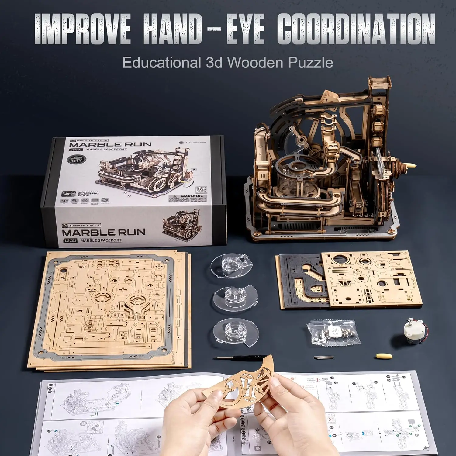 Robotime Marble Spaceport 3D Wooden Puzzle Motor driven Mechanical Model Kits With Balls Automatic  Manual Modle for Kids Adults 6