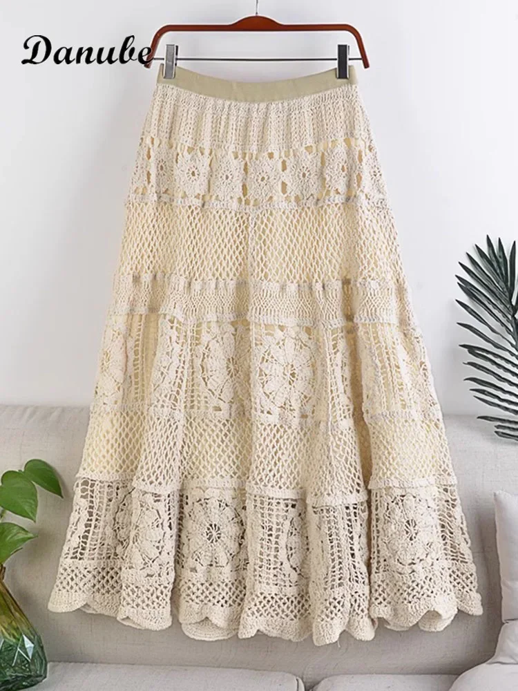 

Vintage Hollow Crochet Long Skirt Women Summer Elegant Elastic Waist Knitted Beach Skirt Female Japanese Mori Girl A-line Skirt