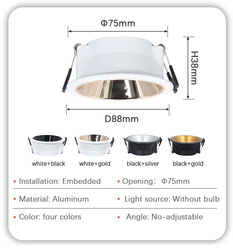 Description Picture 3 of itemSocket Holder Base Rimless Spot Lighting Fitting Fixture Round Recessed Ceiling Mount Downlight Frame Bracket LED MR16/GU10Lamp