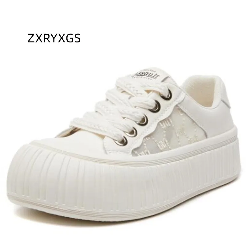 

ZXRYXGS Lace-up Cowhide Mesh Lace Summer Sneaker Platform Heightening Shoes 2024 New Popular Summer Breathable Women White Shoes