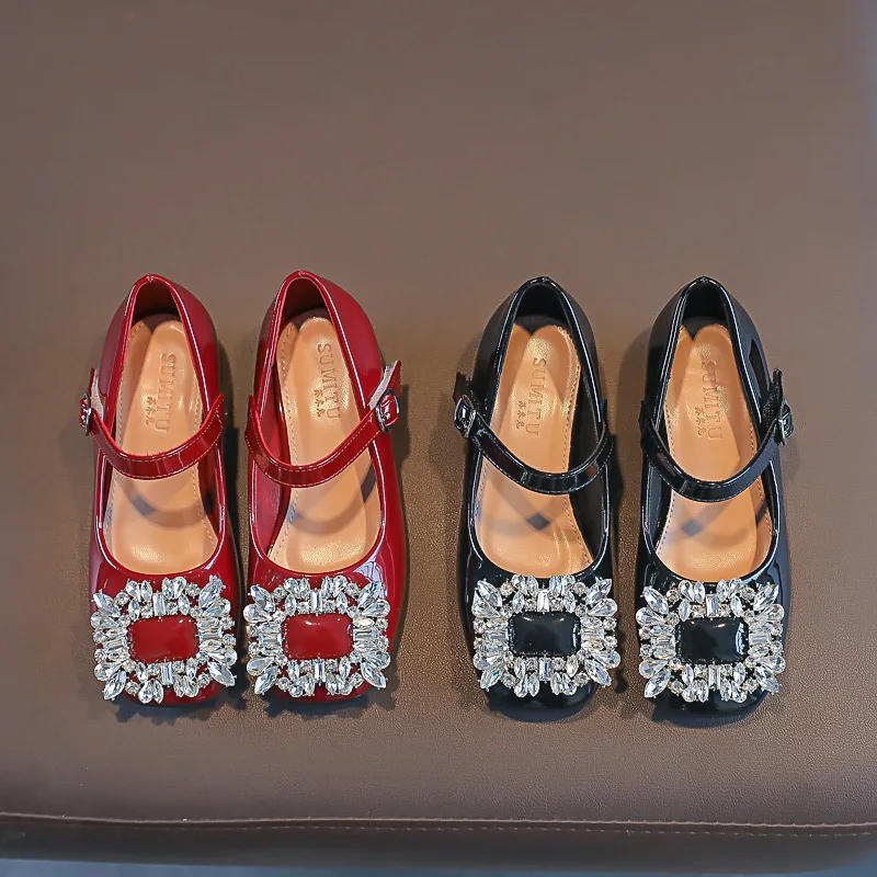 Kids Shoes Spring Fashion Princess Dress Shoes Baby Girls Flats Patent Brand Mary Jane Rhinestone Middle Heel Red Soft Sole mary jane shoes,girls shoes,girls flats,girls high heel shoes