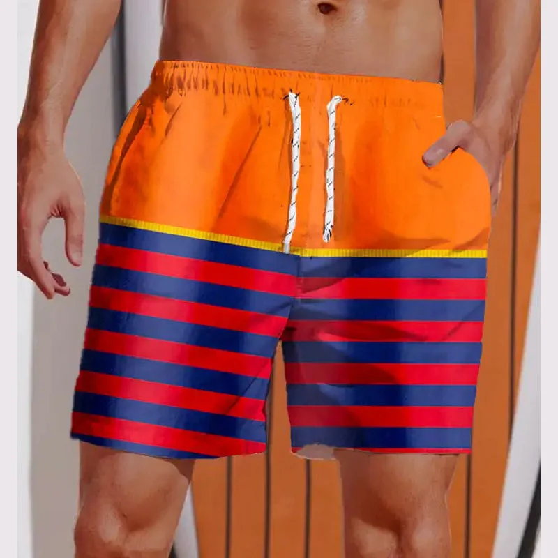 3D Printed Striped Flame Beach Shorts Men's Splicing Grid Pattern Board Shorts Summer Drawstring Breathable Hawaiian Swim Trunks 5