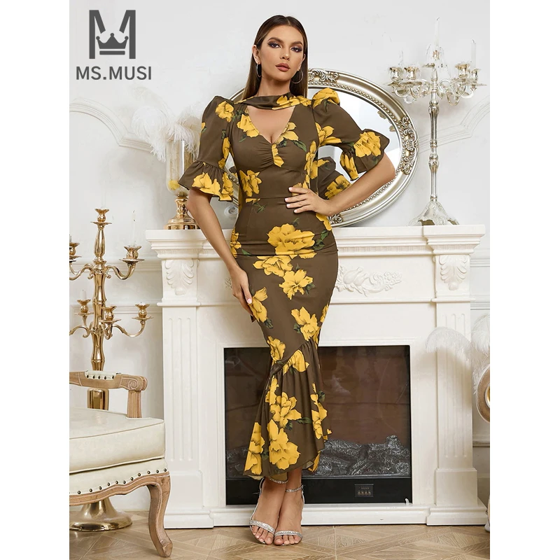 

MSMUSI 2024 New Fashion Women Sexy Scarf Floral Printing Ruffles Draped Short Sleeve Bodycon Party Club Event Maxi Dress Gown