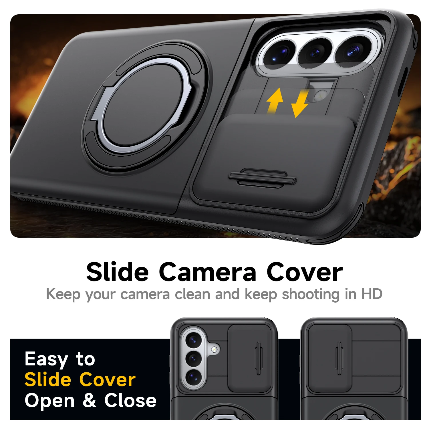 Armor Ring Bracket Holder with Card Slot and Sliding Camera Protection Cover