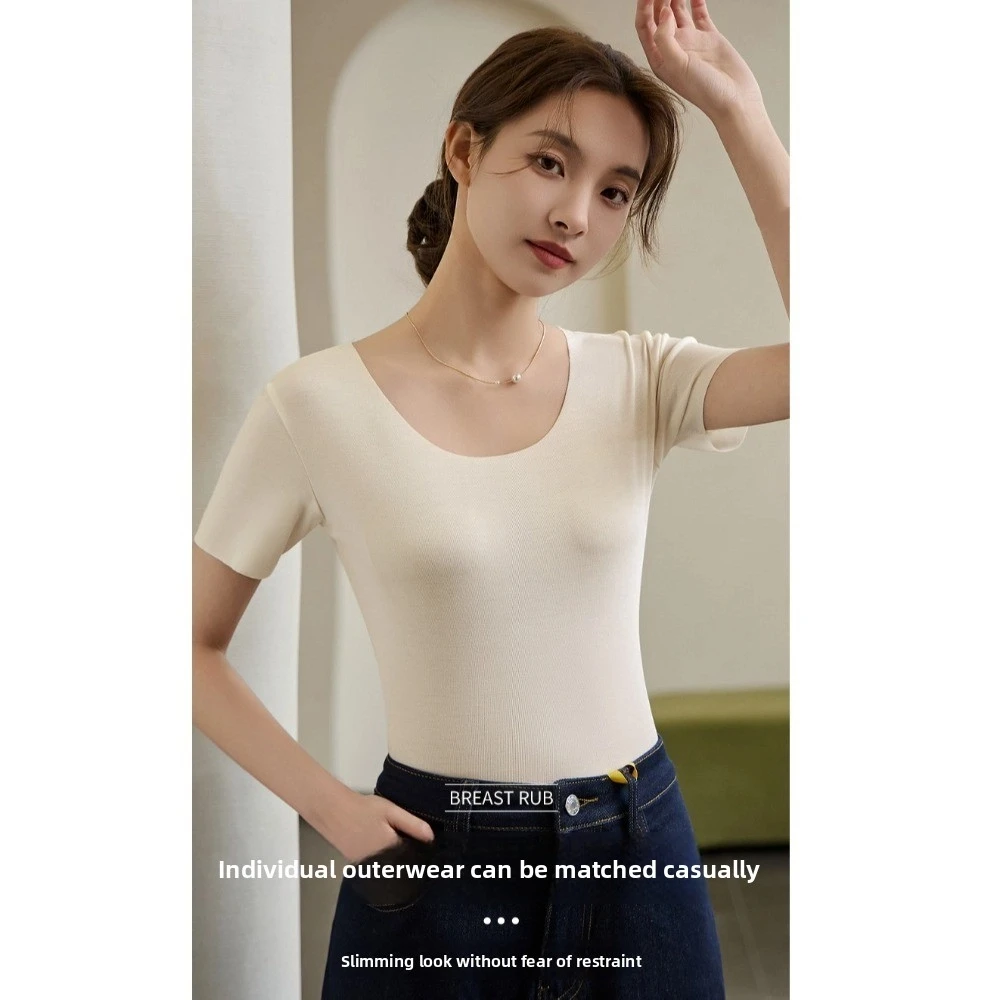 Description Picture 4 of itemU Round Neck Women Thin T-shirts Korean Style Solid Color Female Crop Tops Undershirt Short Sleeved Base Shirt Spring Summer