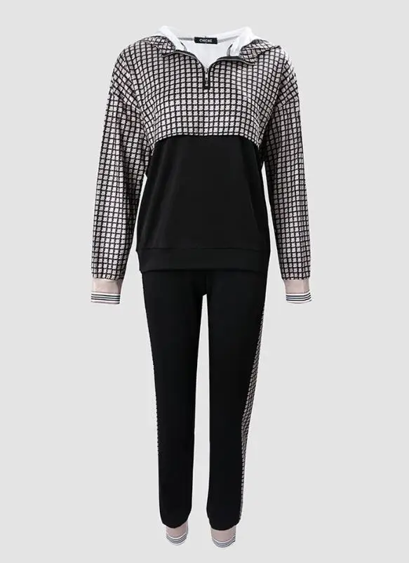 New Fashion 2023 Hot Selling Women's Plaid Patch Zip Front Long Sleeve Zip Hoodie and Pants Set