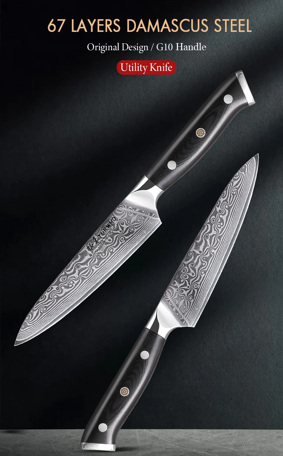 Damascus Steel Kitchen Knife – 5 Inch Utility Knife with Black G10 Handle, Rust Resistant Blade